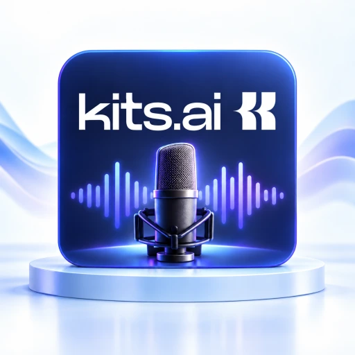 Kits AI logo on a blue tile with a studio microphone and sound wave on a light background